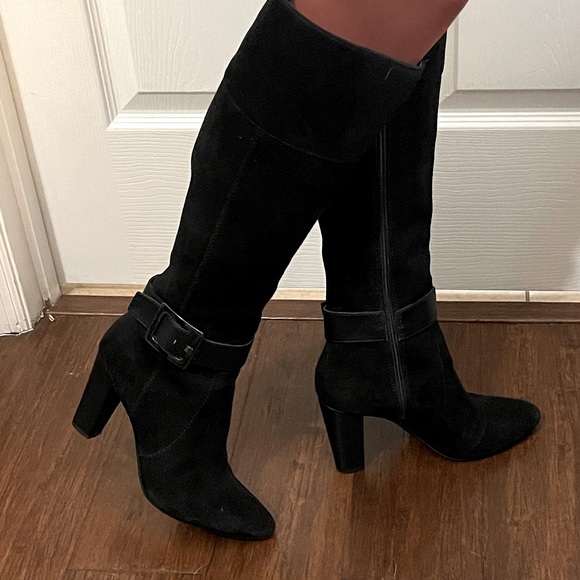Bandolino Black Leather Suede Tall Dress Boots Heel Size 7.5 - Picture 1 of 9